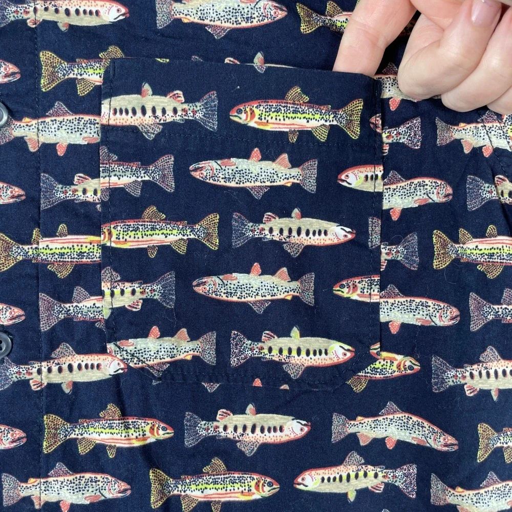 The North Face Shirt Mens L Navy Blue Trout Fish AOP Short Sleeve Button Down